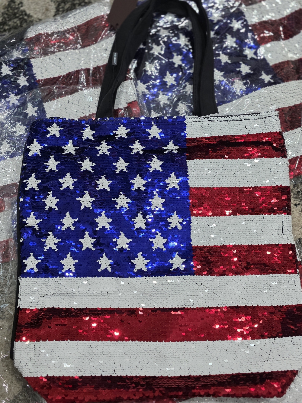 Sequin American Flag Tote Bag - Patriotic Red, White & Blue